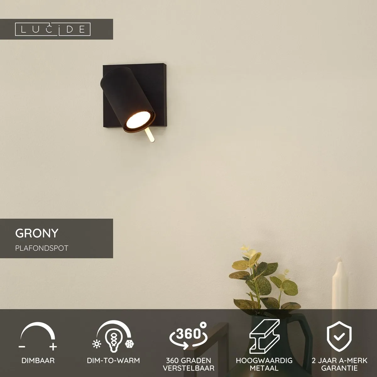Lucide GRONY Plafondspot LED Dim to Warm GU10 5W - Zwart