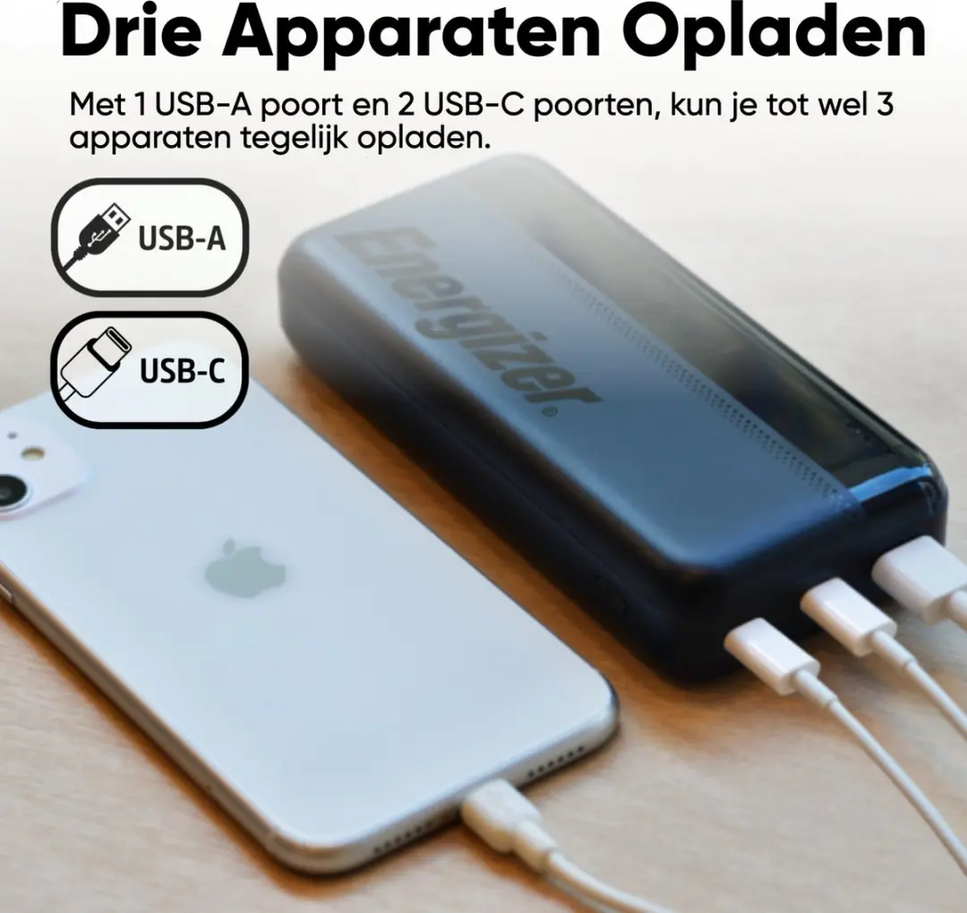 Energizer Max Powerbank UE20050C 20000mAh - 3x USB - Zwart