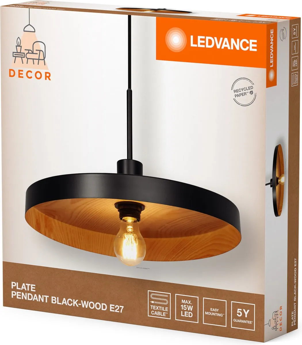LEDVANCE Decor Plate Pendant E27 Zwart houtdecor - afbeelding 6 van 6