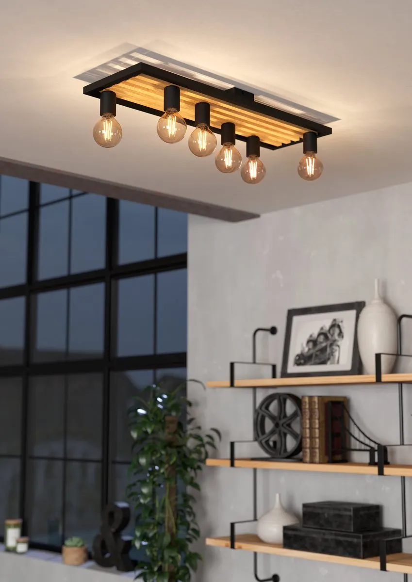 Eglo Consett Plafondlamp 6x E27 - 78cm - Zwart/Bruin - afbeelding 6 van 6