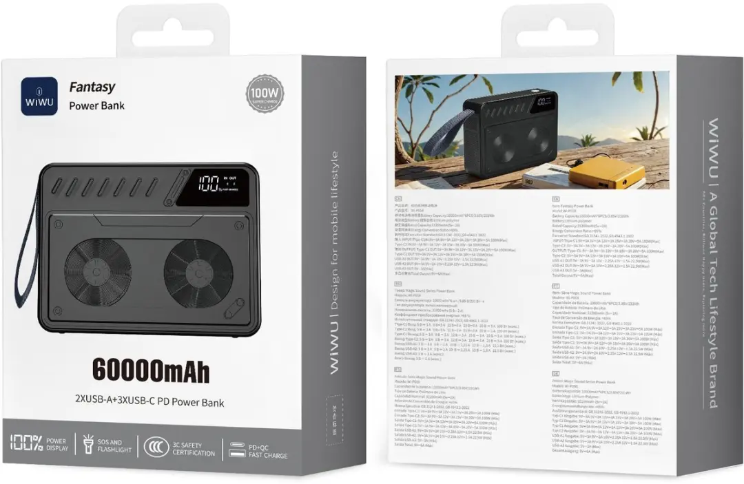 WiWu Powerbank 60000mAh 100W - 5x USB - Grijs