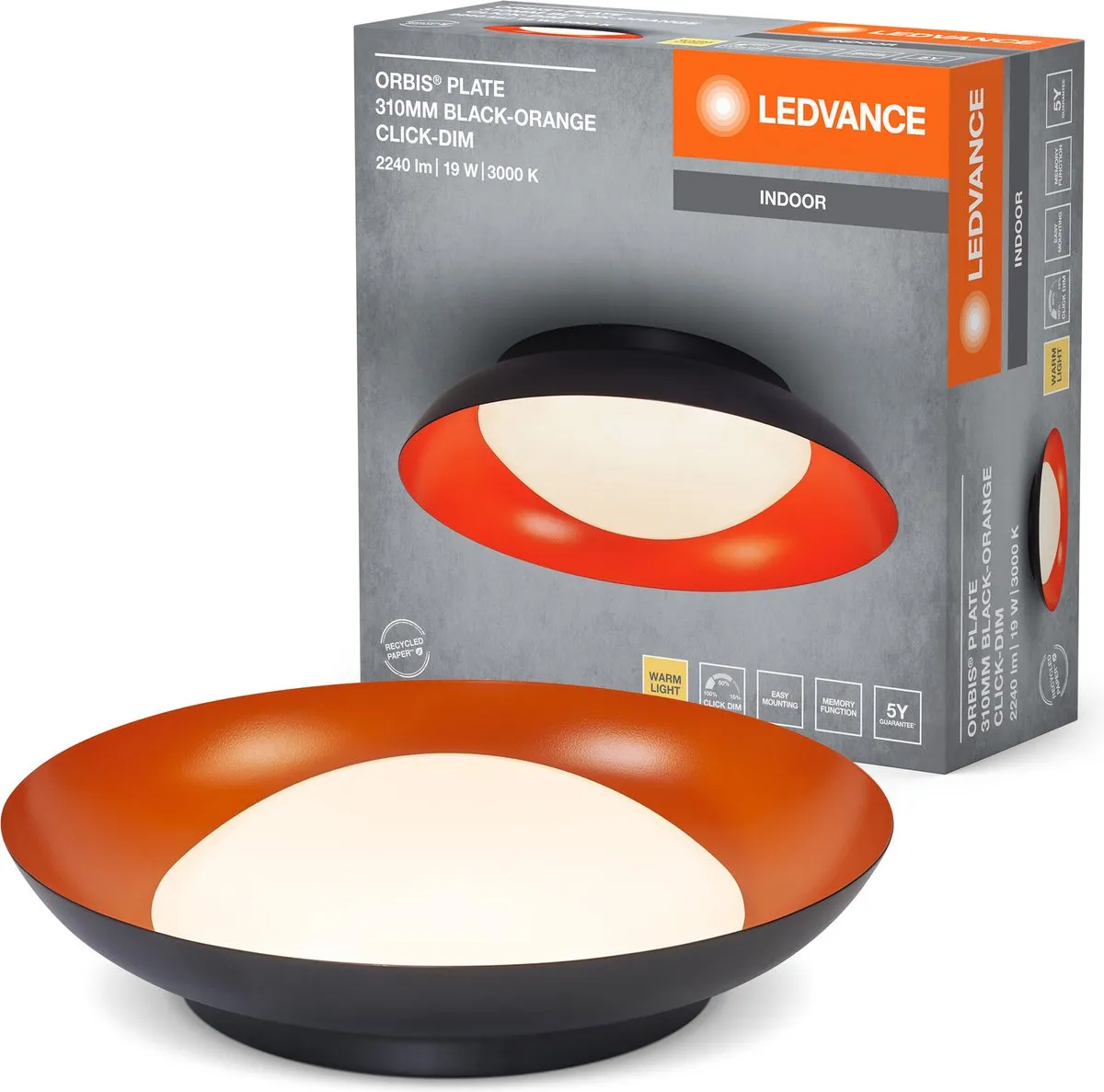 LEDVANCE Orbis Plate LED Plafondlamp 19W - 1000lm 3000K - Zwart/Geel
