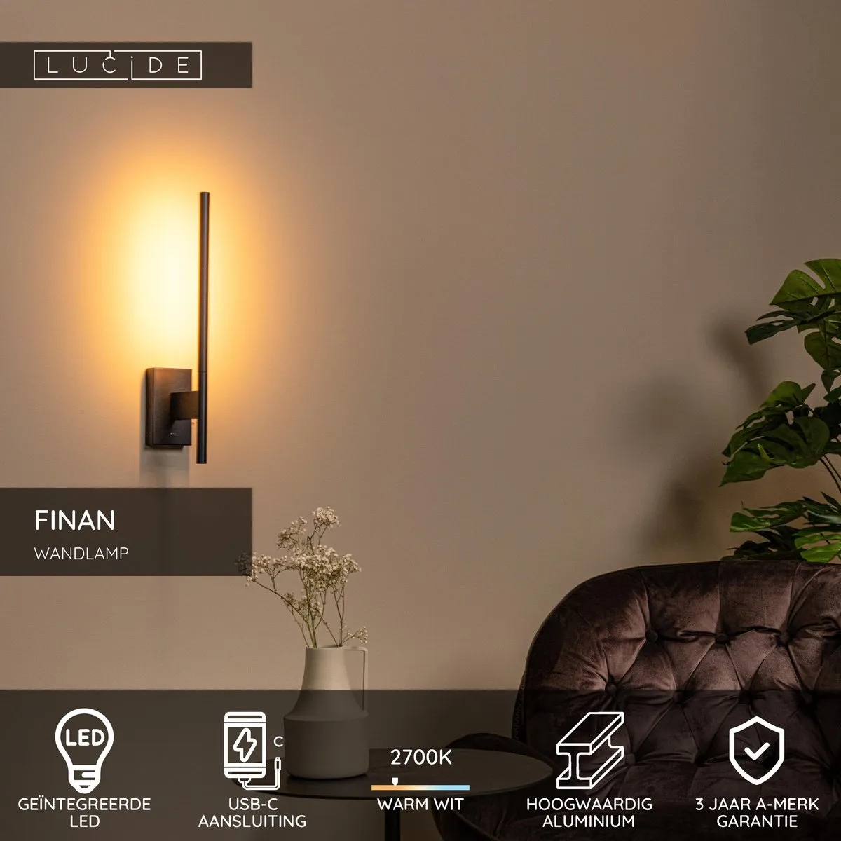 Lucide FINAN Wandlamp 6W - USB Oplaadpunt - Zwart