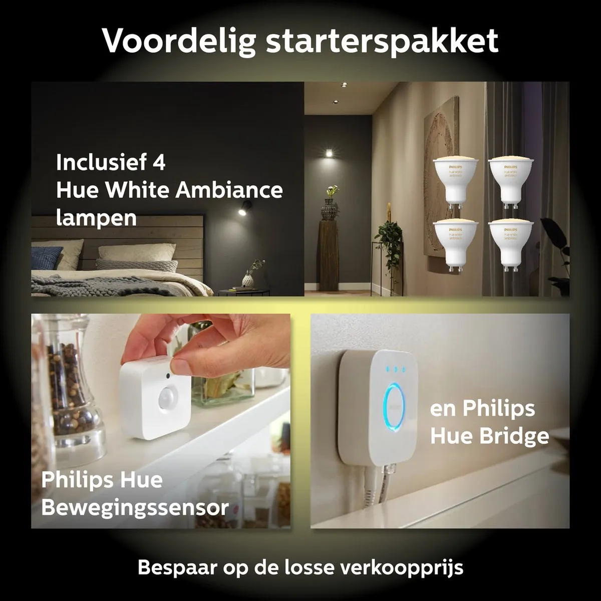 Philips Hue Starterpakket GU10 - 4 Spotjes Warm tot Koelwit - Bridge & Sensor