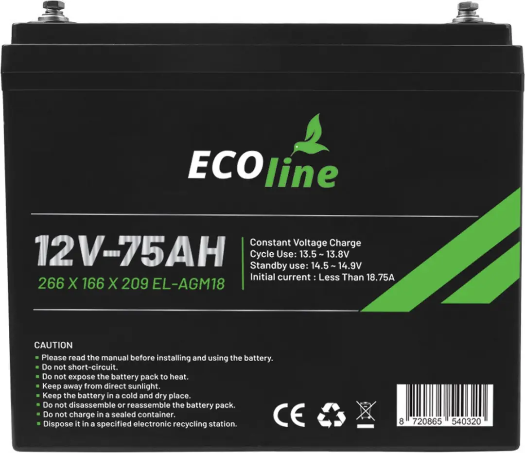 Ecoline AGM 12V 75Ah Deep Cycle Accu - 75000mAh - afbeelding 6 van 6