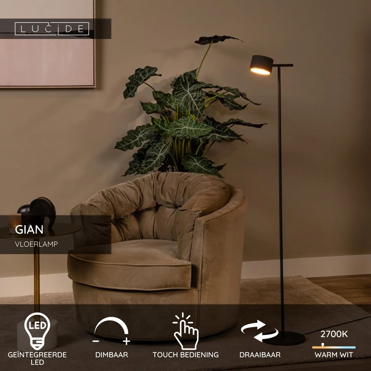 Lucide GIAN Vloerlamp - 9W 2700K - Zwart