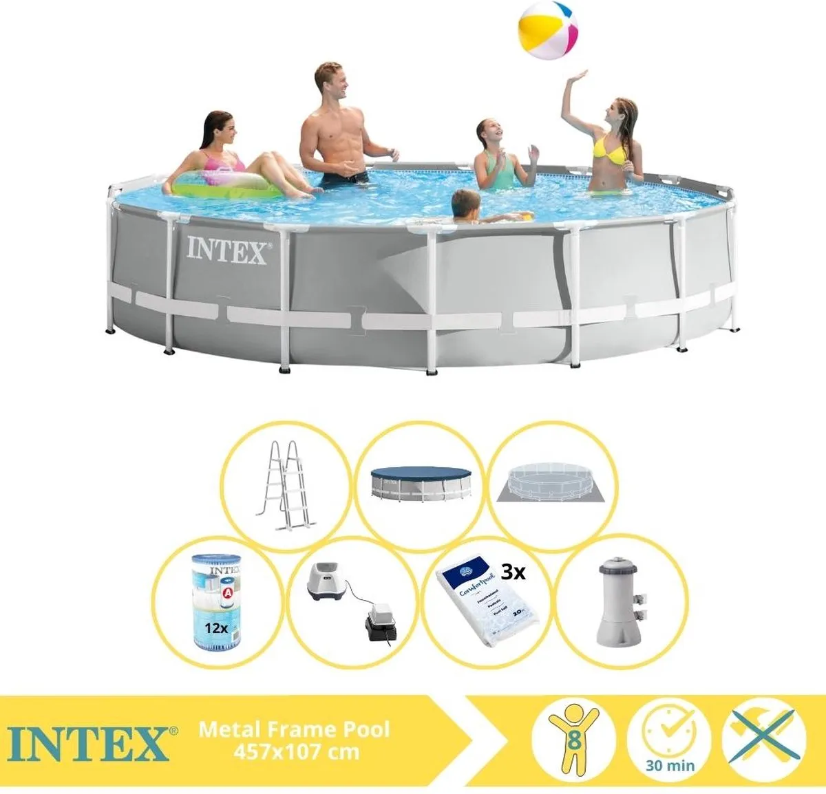 Intex Prism Frame 26724GN Opzetzwembad 457x107cm - Zoutwater - Grijs/Wit