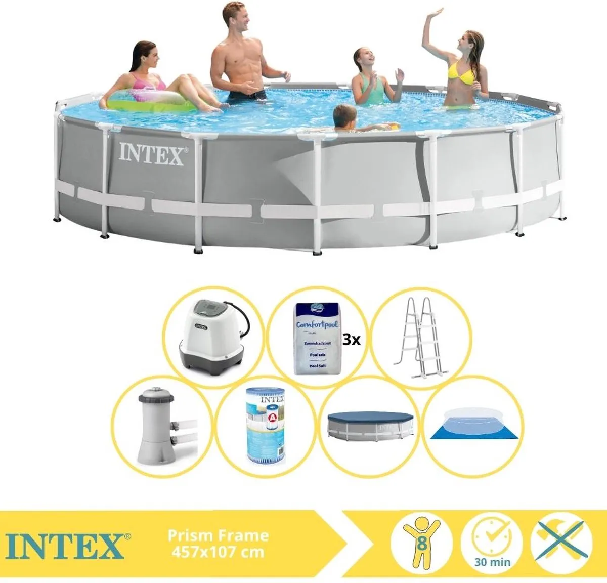 Intex Prism Frame 26724GN Opzetzwembad 457x107cm - Zoutwater - Grijs/Wit