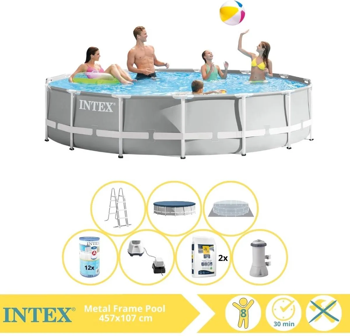 Intex Prism Frame 26724GN Opzetzwembad 457x107cm - Zoutwater - Grijs/Wit