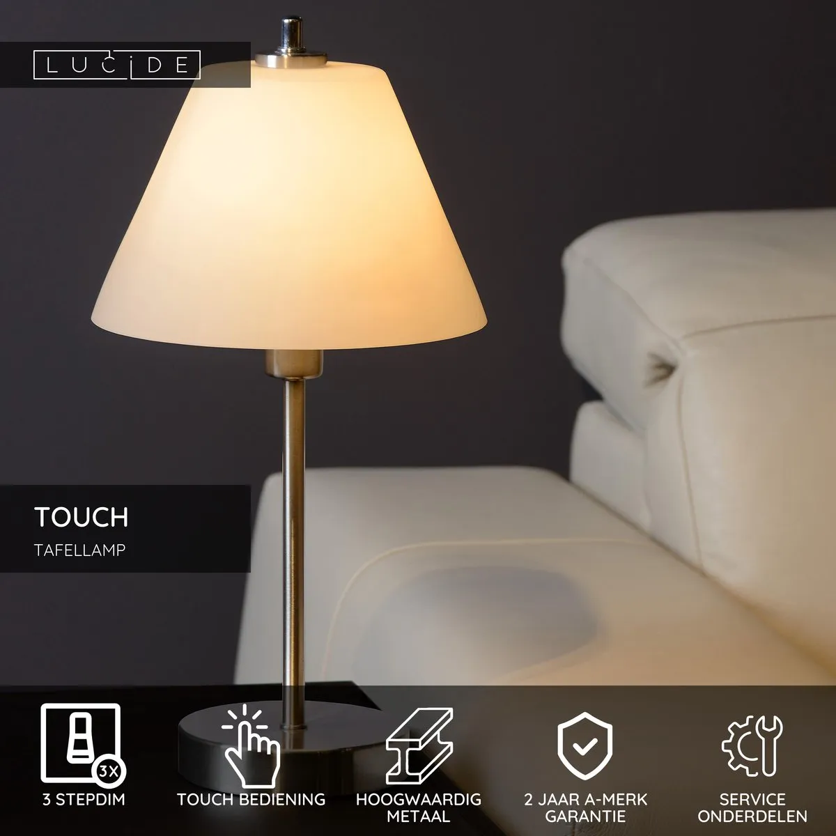 Lucide Touch Tafellamp Ø22cm - Mat chroom