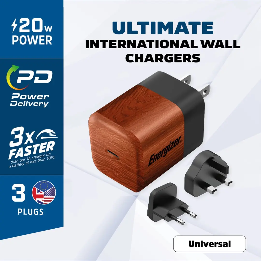 Energizer A20MUWO Multi Plug Oplader Reisstekker 20W - Walnoot