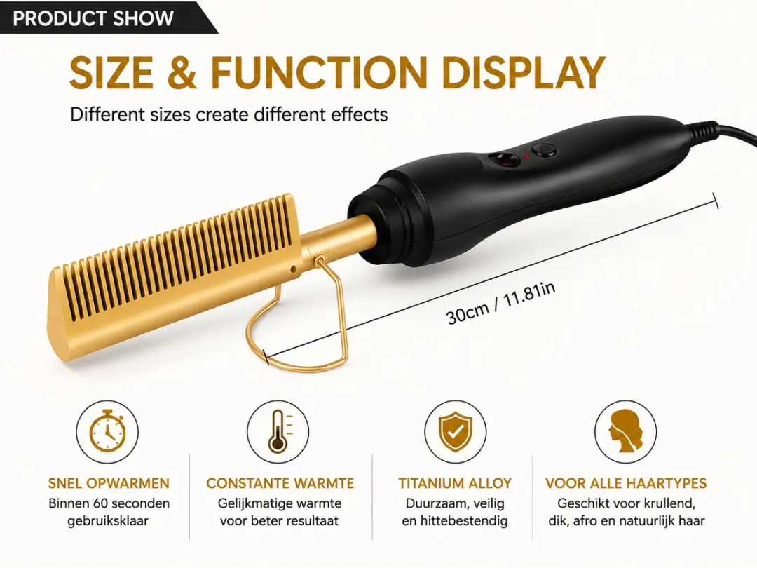 Panda Elektrische Hot Comb Haarstijlkam - Keramisch - 60 Seconden - Zwart & Goud