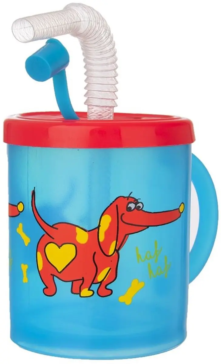 Orion Kinderenbeker met Rietje 260ml - Blauw/Rood Hondenmotief
