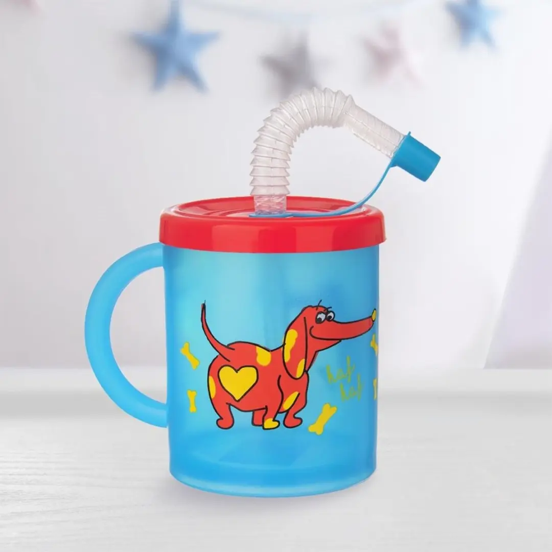 Orion Kinderenbeker met Rietje 260ml - Blauw/Rood Hondenmotief