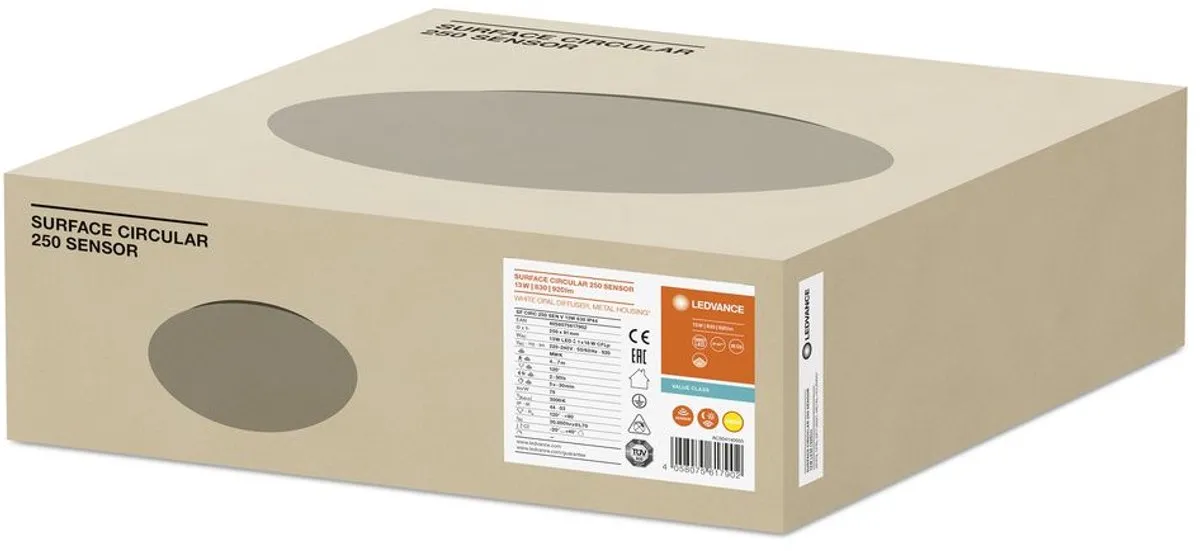 Voordeelpak 5x Ledvance Surface Circulair 250 Wit 13W 920lm - 830 Warm Wit | met Sensor - IP44 - Vervangt 2x13W