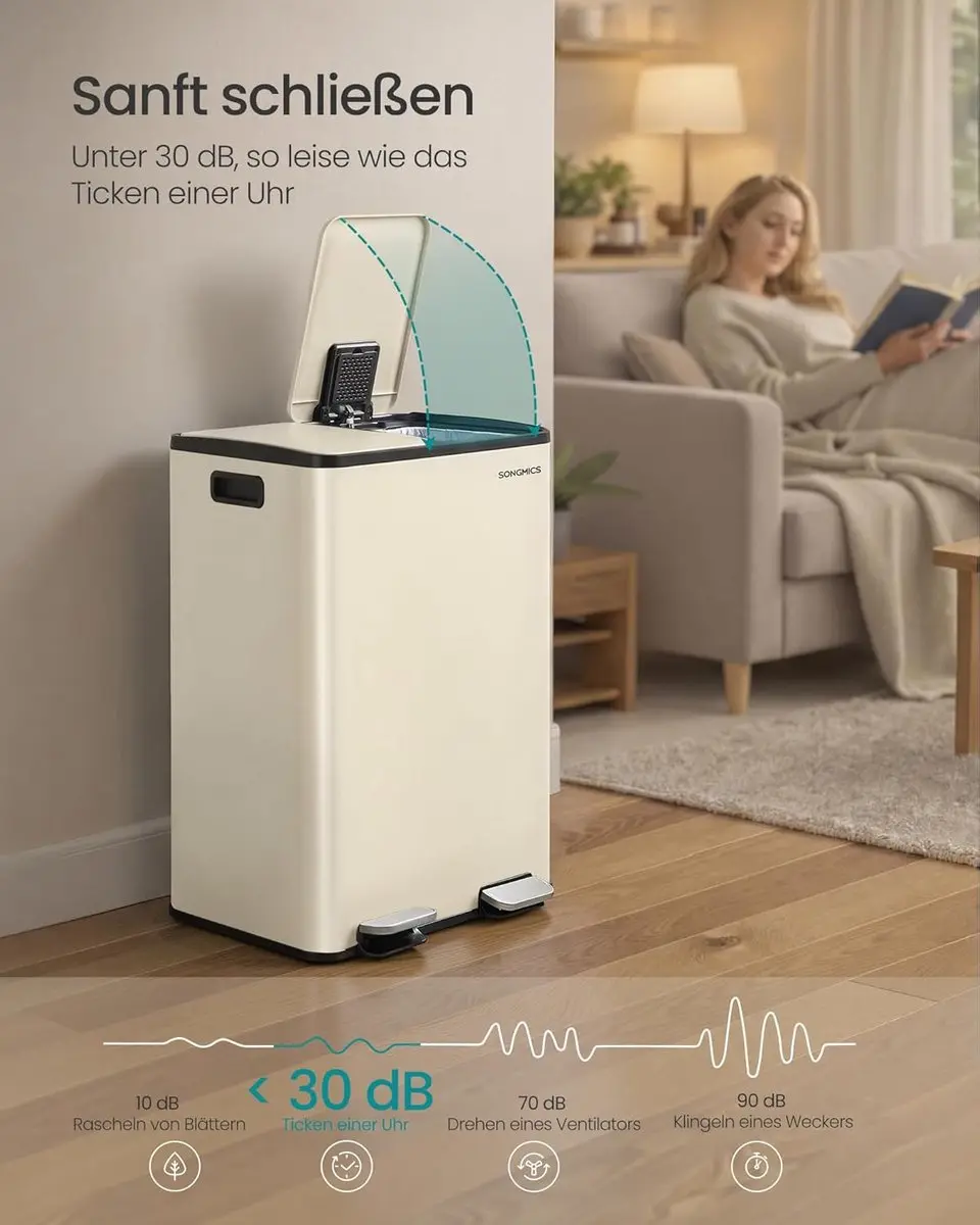 Songmics Vuilnisbak Keuken 60L - 2 Compartimenten - Crème - afbeelding 5 van 6