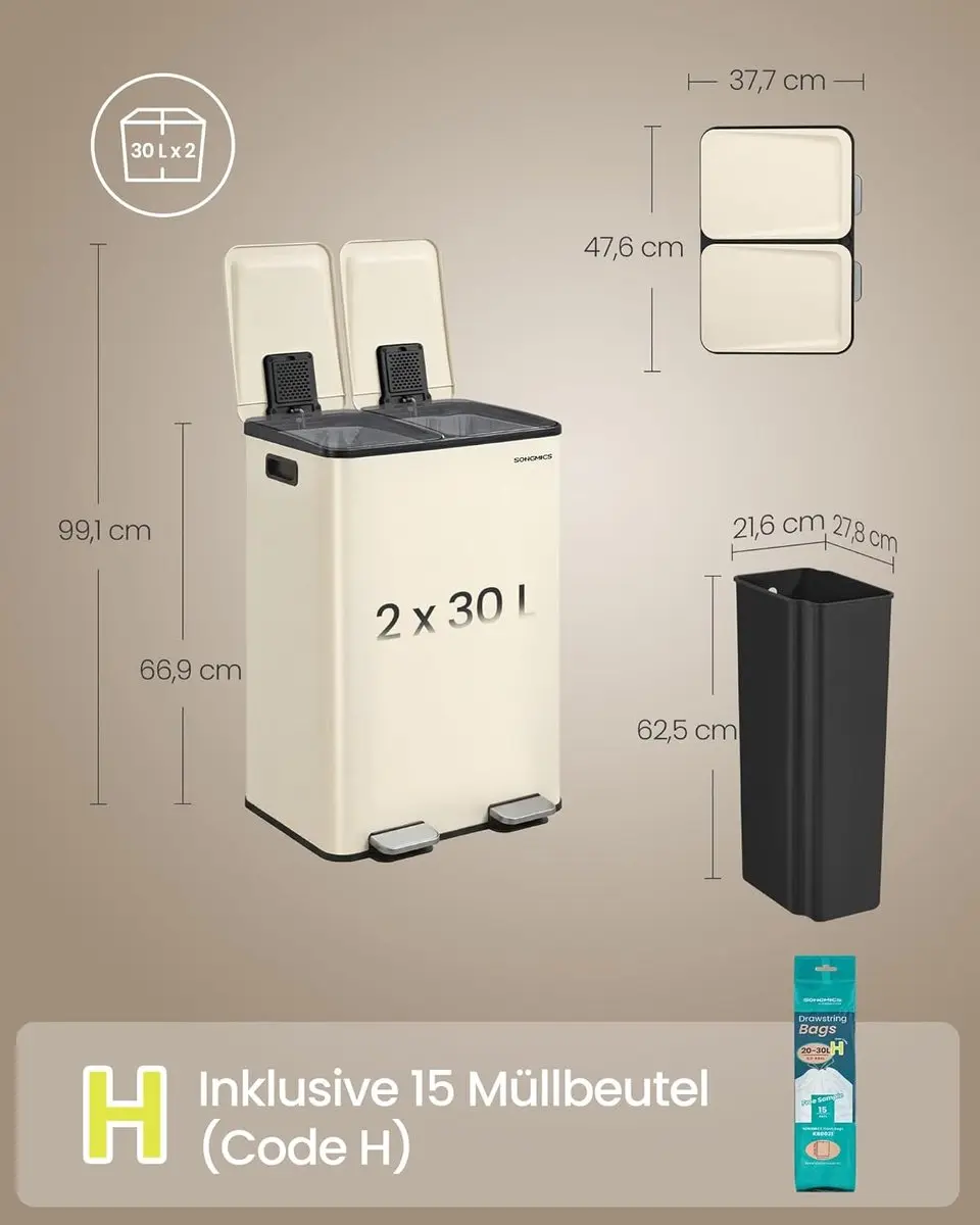 Songmics Vuilnisbak Keuken 60L - 2 Compartimenten - Crème - afbeelding 2 van 6