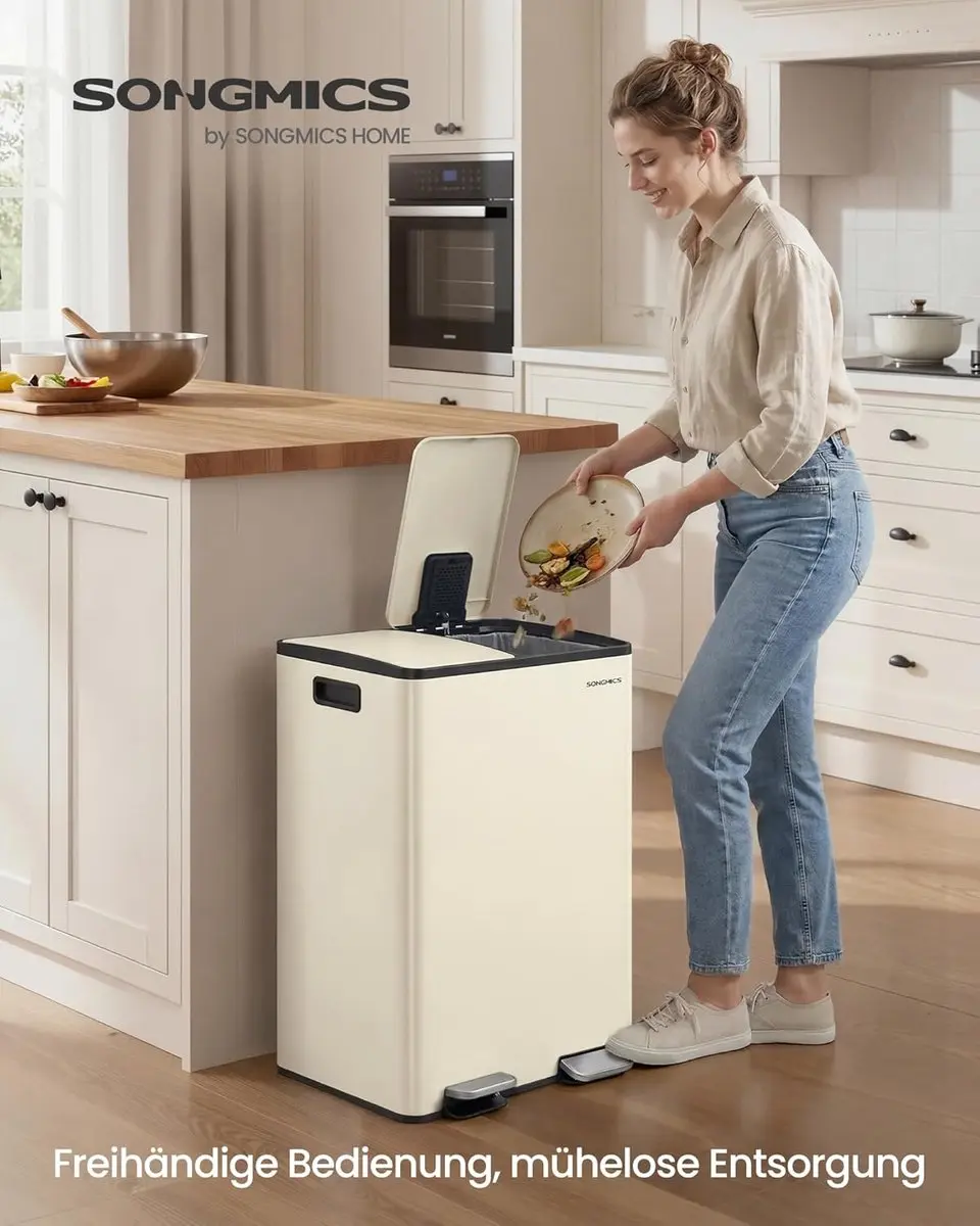 Songmics Vuilnisbak Keuken 60L - 2 Compartimenten - Crème - afbeelding 3 van 6