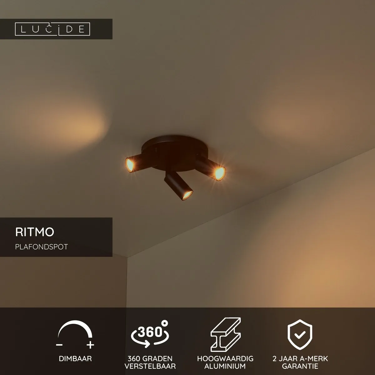 Lucide Ritmo Plafondspot Ø18cm 3xGU10 - Zwart