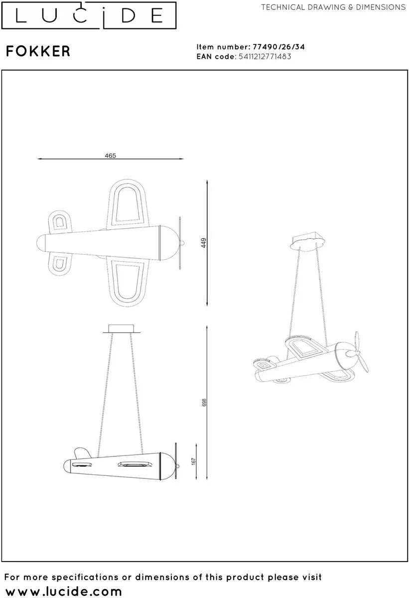 Lucide Fokker Hanglamp - 28W 2500K - Geel
