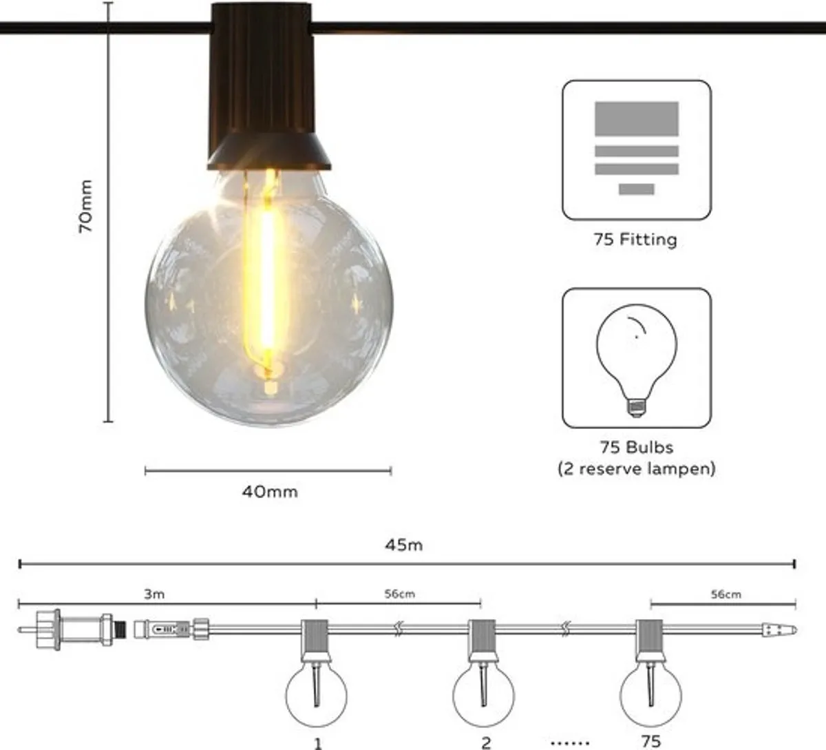 Calex Vista Lichtsnoer 45m - Voor Buiten - Lichtslinger met 75 lampjes - Warm Wit Licht - Tuinverlichting met afstandsbediening - Kerstverlichting