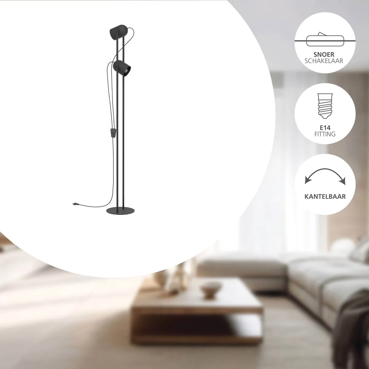 Eglo Tilston Vloerlamp E14 - 142.5 cm - Zwart - Kantelbaar