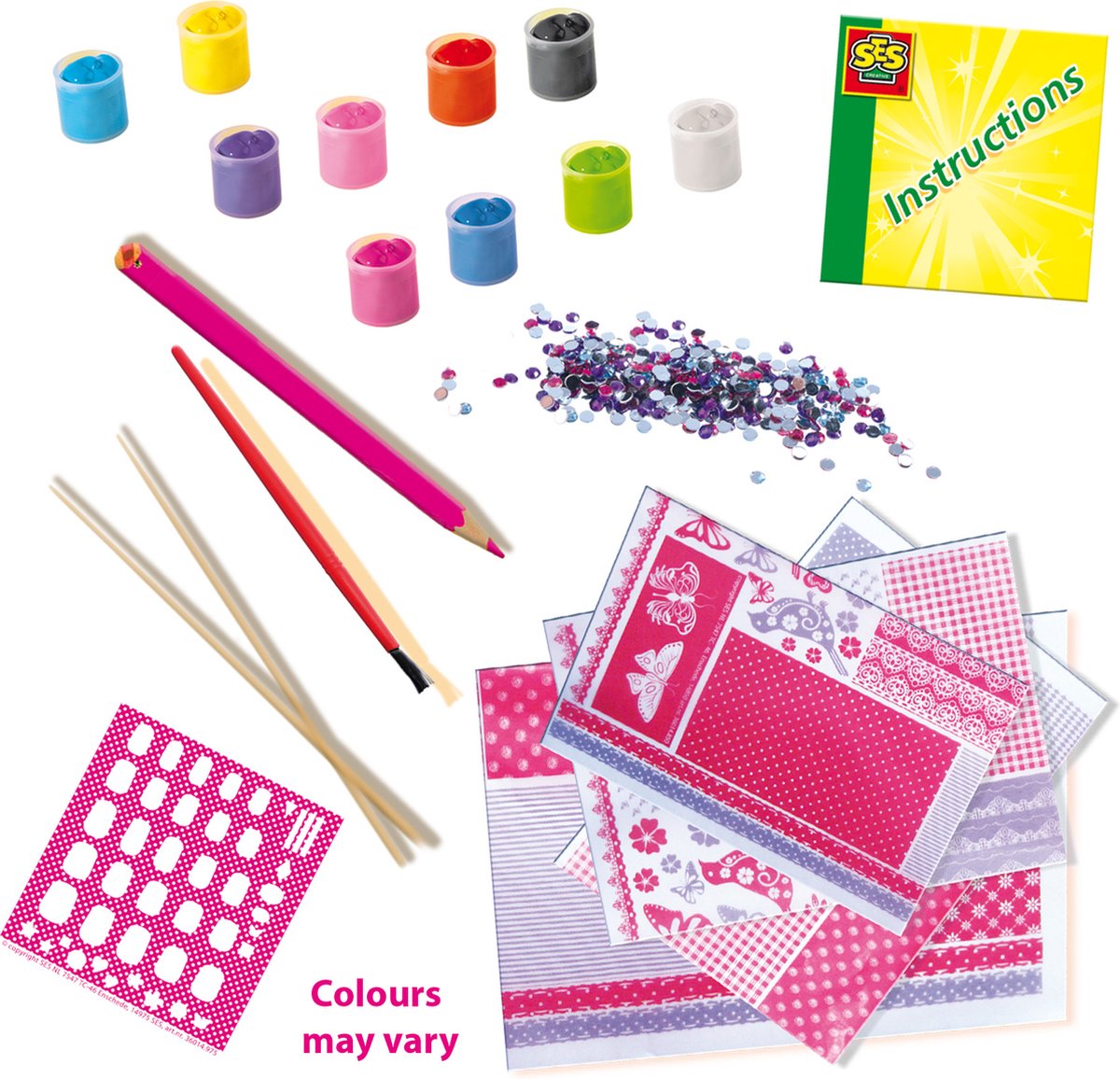 SES Creative - Hobby Pink - Nagels Versieren - Knutselen Meisjes - 12 Kleuren Nagellak met Glitterstenen en Penselen - Vanaf 6 Jaar