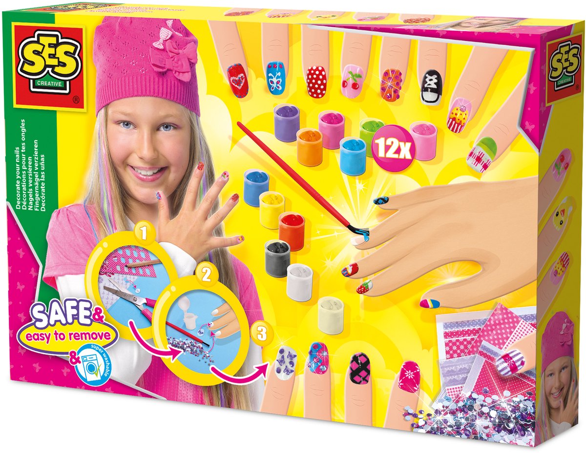 SES Creative - Hobby Pink - Nagels Versieren - Knutselen Meisjes - 12 Kleuren Nagellak met Glitterstenen en Penselen - Vanaf 6 Jaar