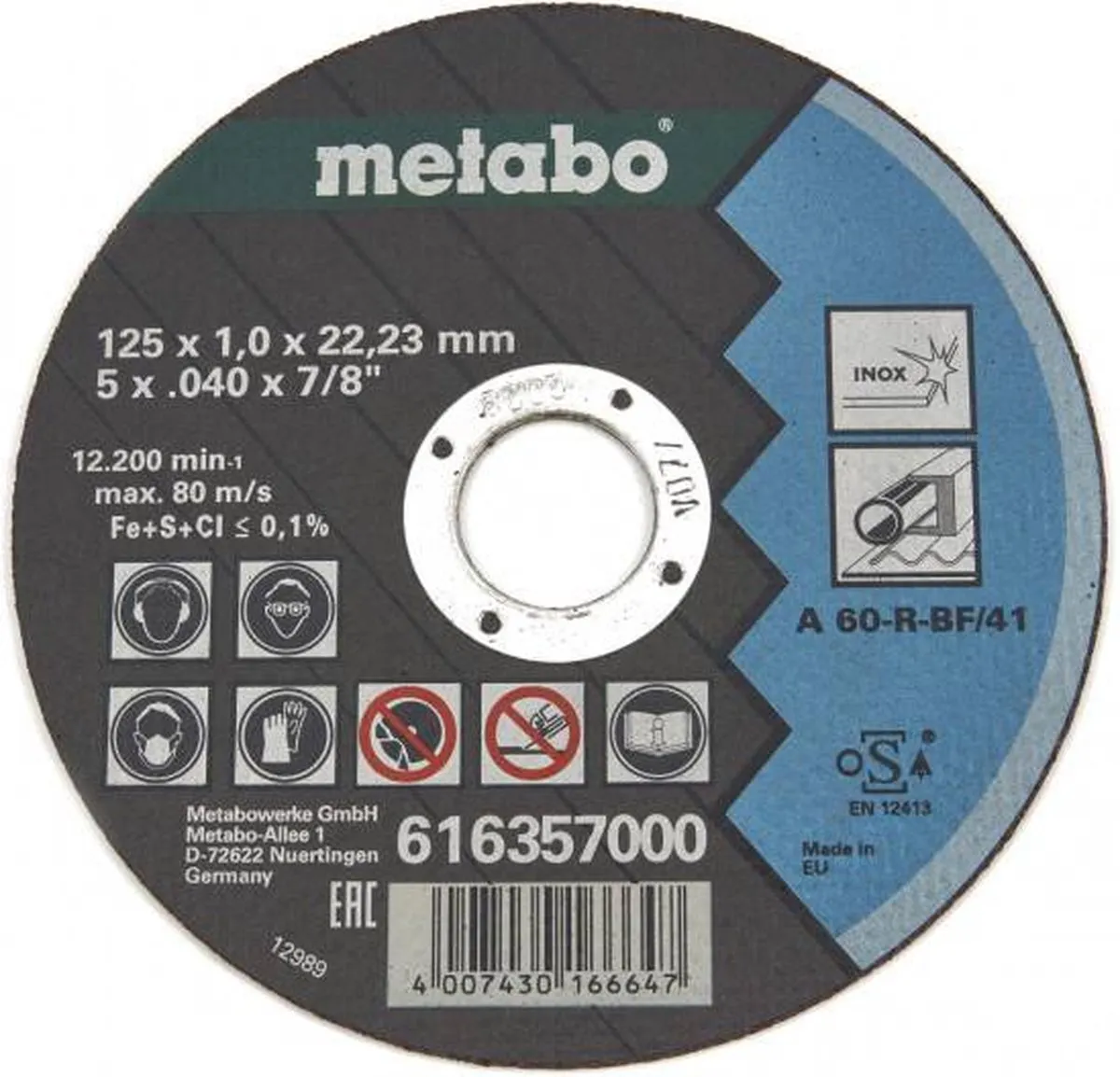 Metabo 125mm Doorslijpschijf RVS 10 Stuks - 22.23mm As