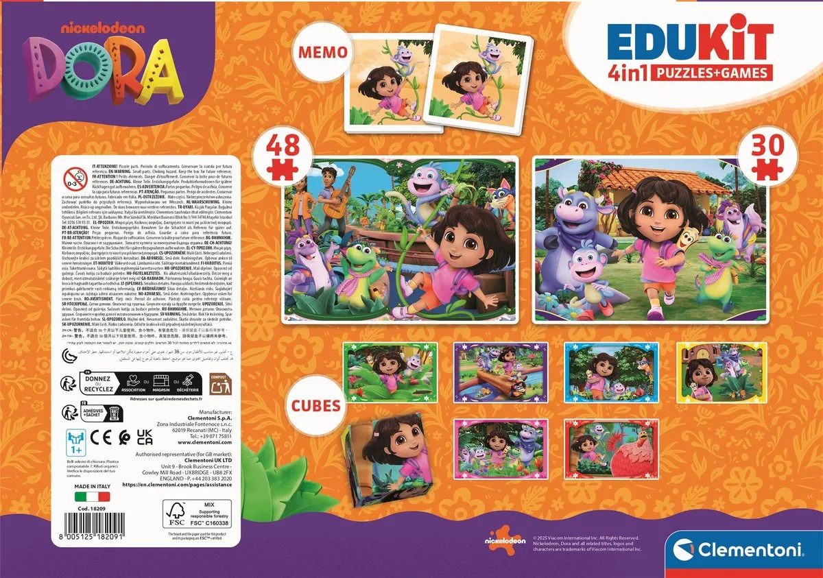 Clementoni Dora The Explorer Edukit 4-in-1 - 78-delige puzzels & Memory - Multikleur