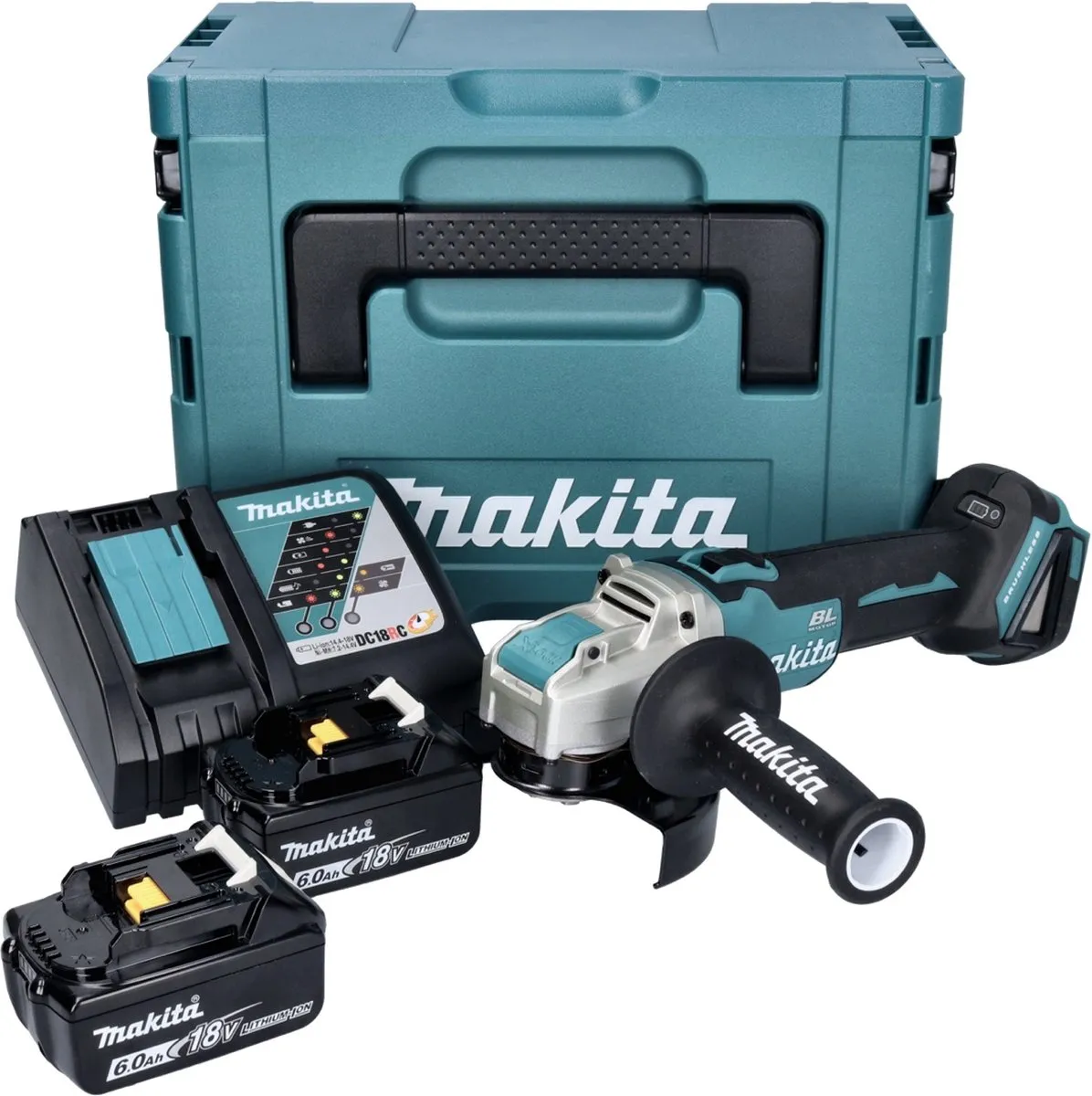 Makita DGA 521 RGX1J Haakse Slijper 18V 125mm X-LOCK - 2x 6,0Ah Accu + Oplader