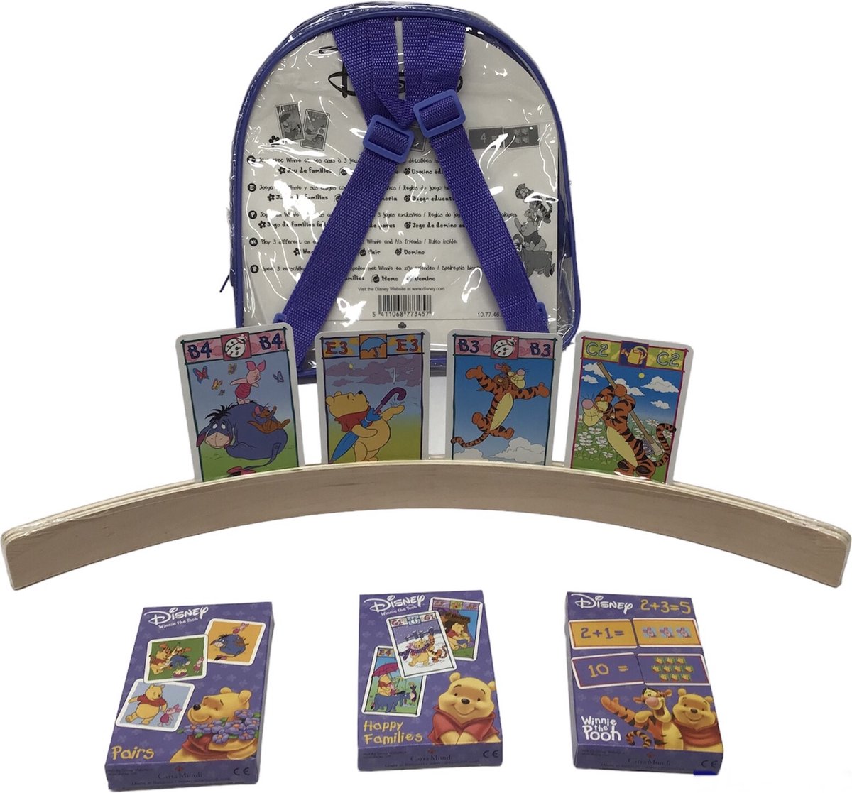 Houten Kaartenhouder / Winnie the pooh rugzakje met 3 verschillende kaartspellen met kaartenboog / Fotohouder / Fotostandaard - 50 cm - Voor Kinderen - Cardholder Kaarten Houder Standaard