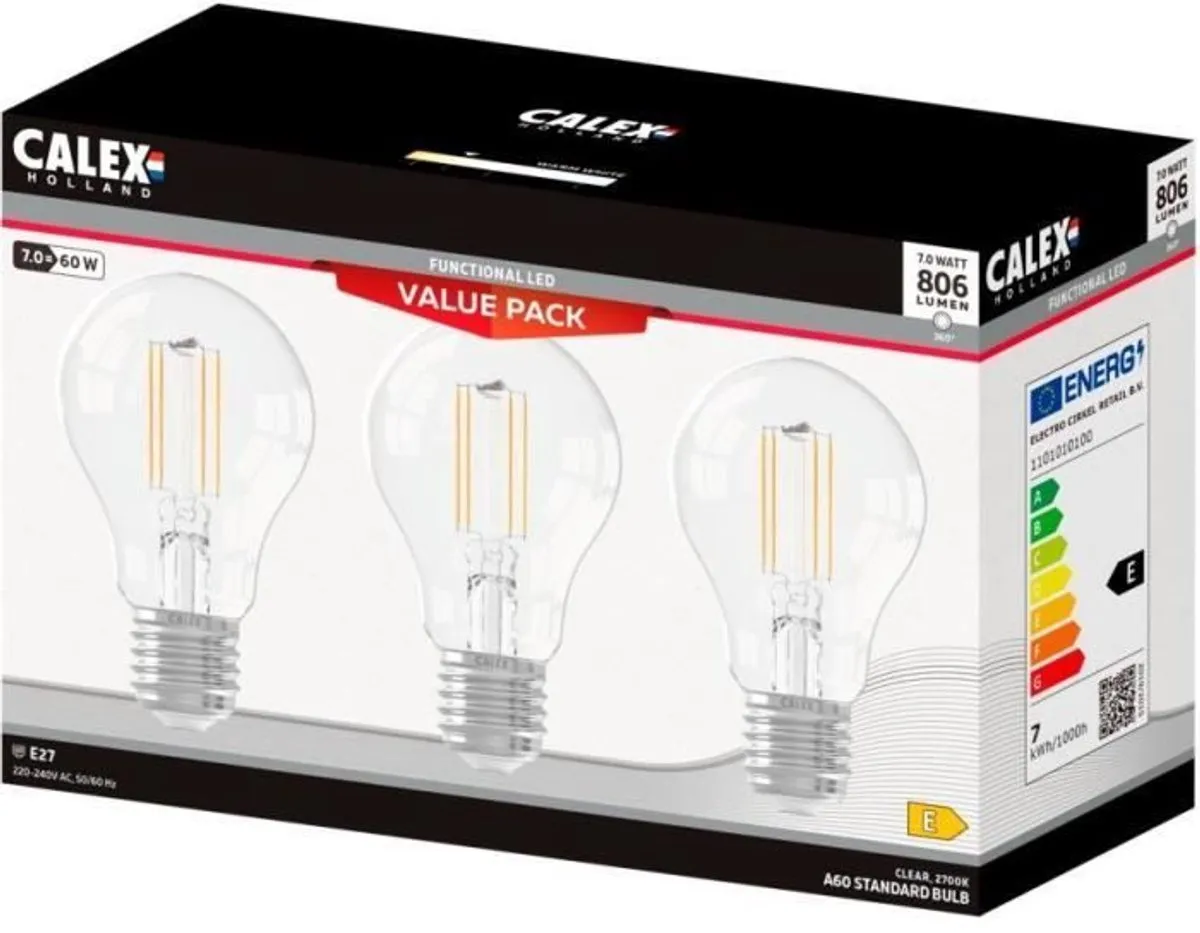 Calex E27 LED-lamp A60 Rechte Gloeidraad 7W 806lm - 3 Stuks - afbeelding 4 van 5