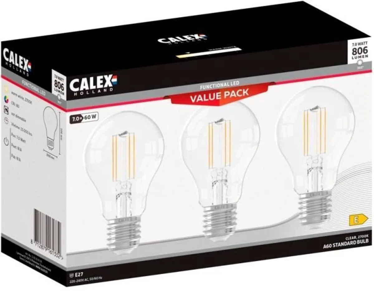 Calex E27 LED-lamp A60 Rechte Gloeidraad 7W 806lm - 3 Stuks - afbeelding 3 van 5