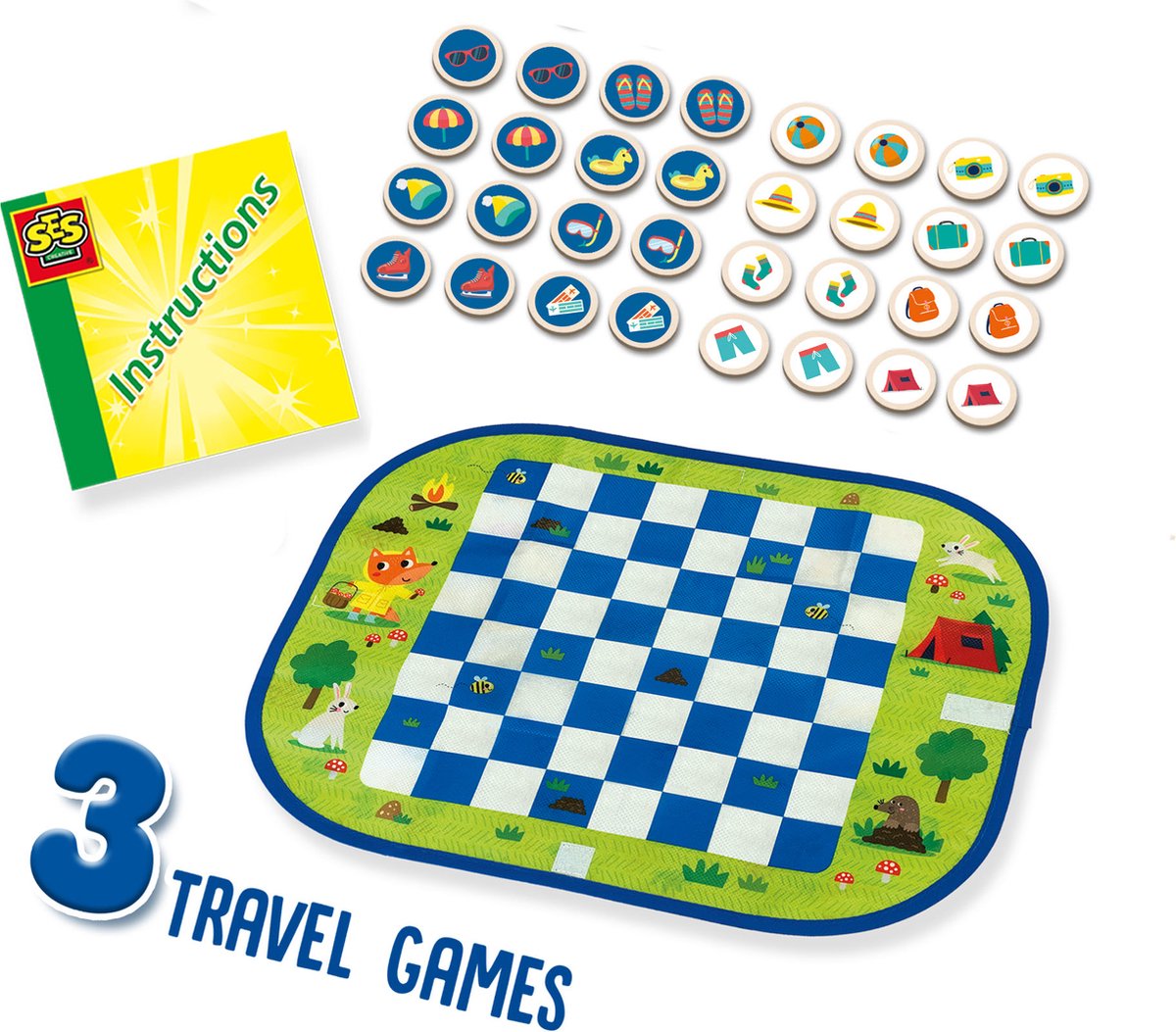 SES - Wrap&Go reisspellen - Dammen - Memo - Ik ga op reis en ik neem mee - 3 in 1 - travel size - speelbord is de bewaartas - houten onderdelen