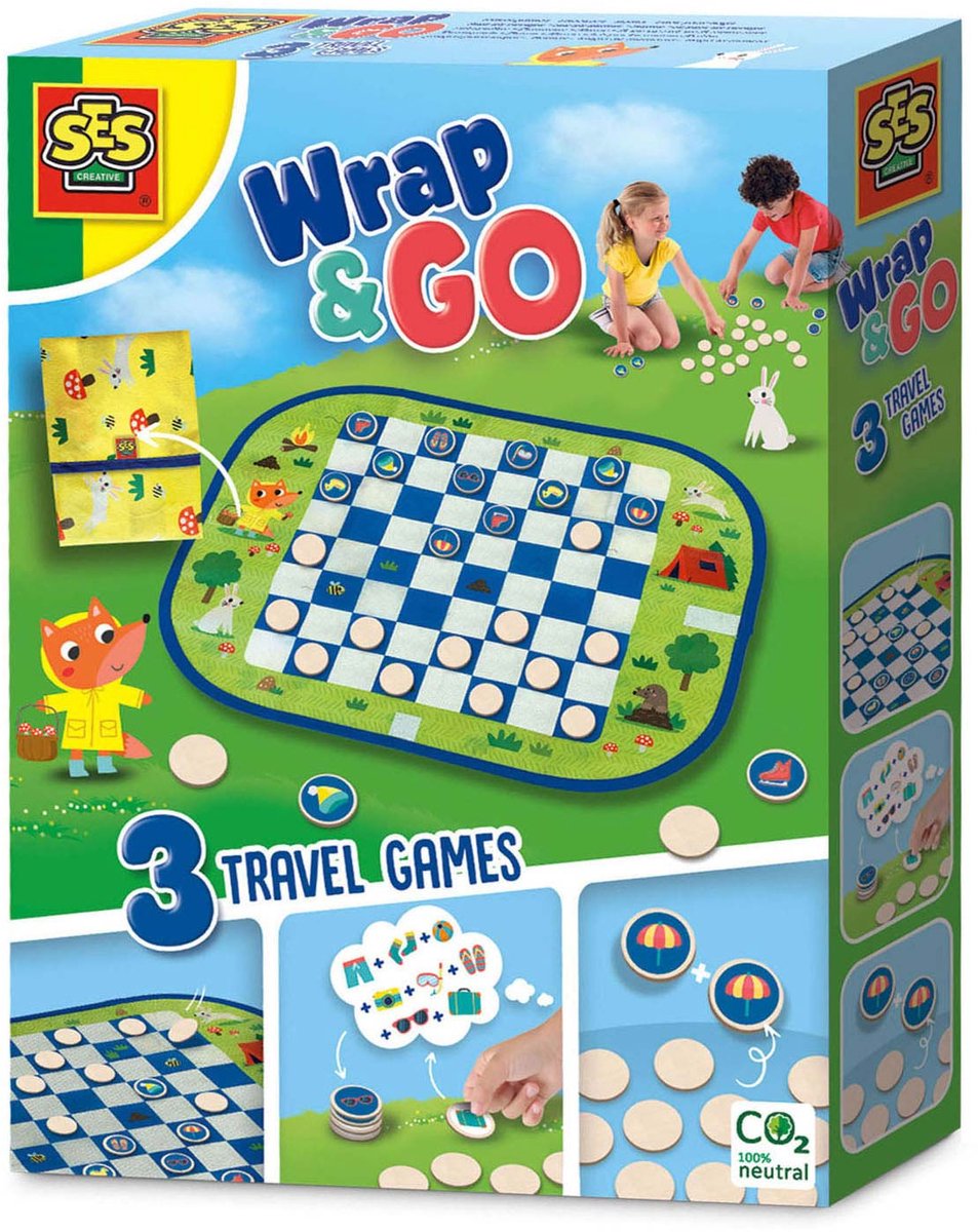 SES - Wrap&Go reisspellen - Dammen - Memo - Ik ga op reis en ik neem mee - 3 in 1 - travel size - speelbord is de bewaartas - houten onderdelen