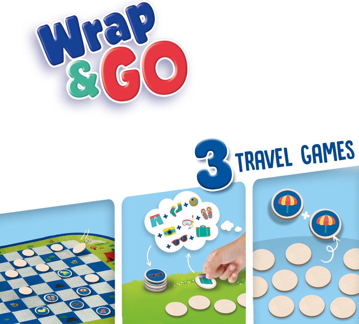 SES - Wrap&Go reisspellen - Dammen - Memo - Ik ga op reis en ik neem mee - 3 in 1 - travel size - speelbord is de bewaartas - houten onderdelen