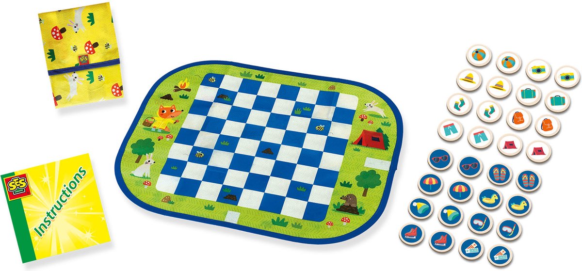 SES - Wrap&Go reisspellen - Dammen - Memo - Ik ga op reis en ik neem mee - 3 in 1 - travel size - speelbord is de bewaartas - houten onderdelen