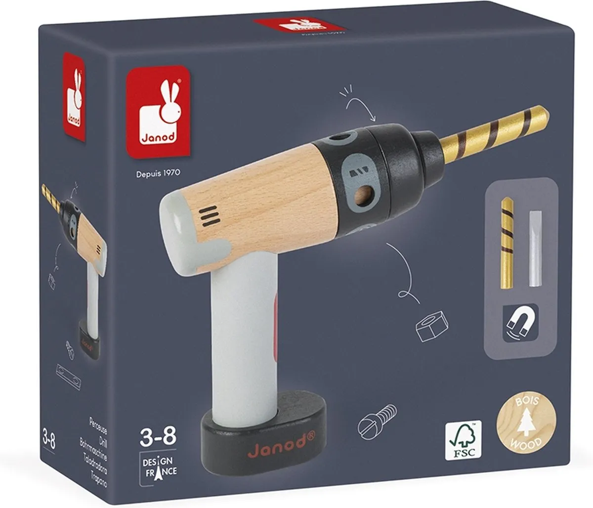Janod Brico'kids Boormachine - Hout - Magnetisch Borenwisselsysteem - 3+ Jaar
