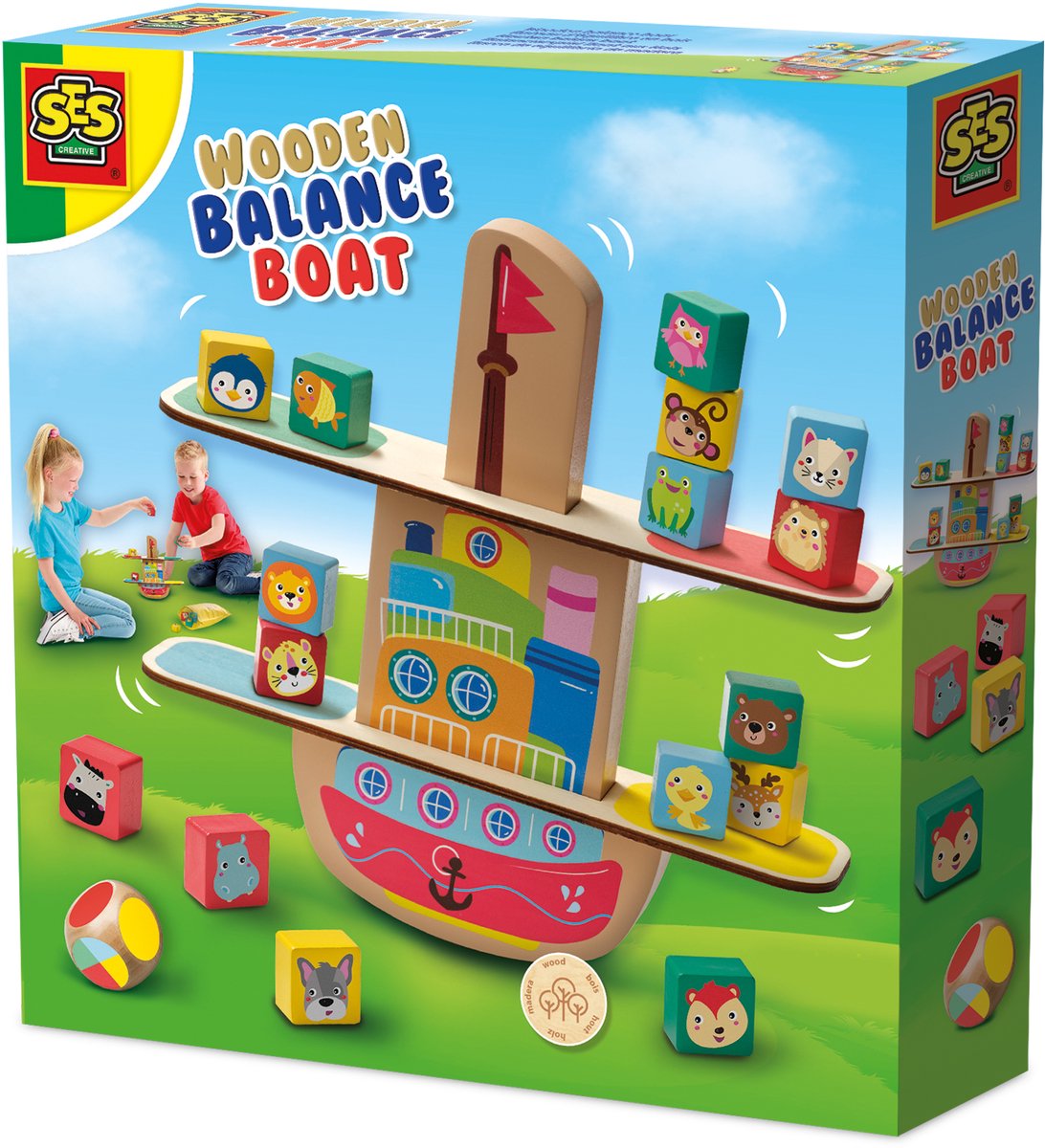SES - Houten balans boot - complete set met handige bewaartas - voor 2 of meer spelers