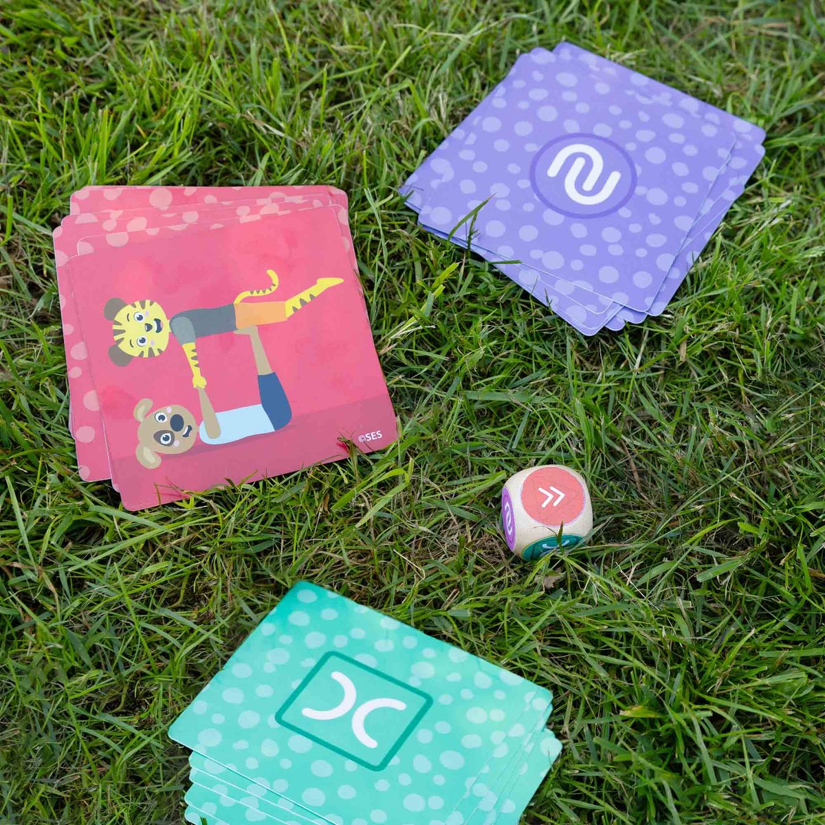 SES - Acrobaat dieren - doe de dieren op de 27 speelkaarten na - met dobbelsteen van hout - binnen of buiten spelen