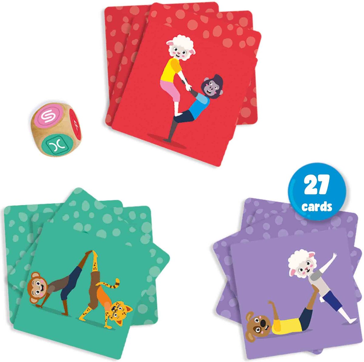 SES - Acrobaat dieren - doe de dieren op de 27 speelkaarten na - met dobbelsteen van hout - binnen of buiten spelen