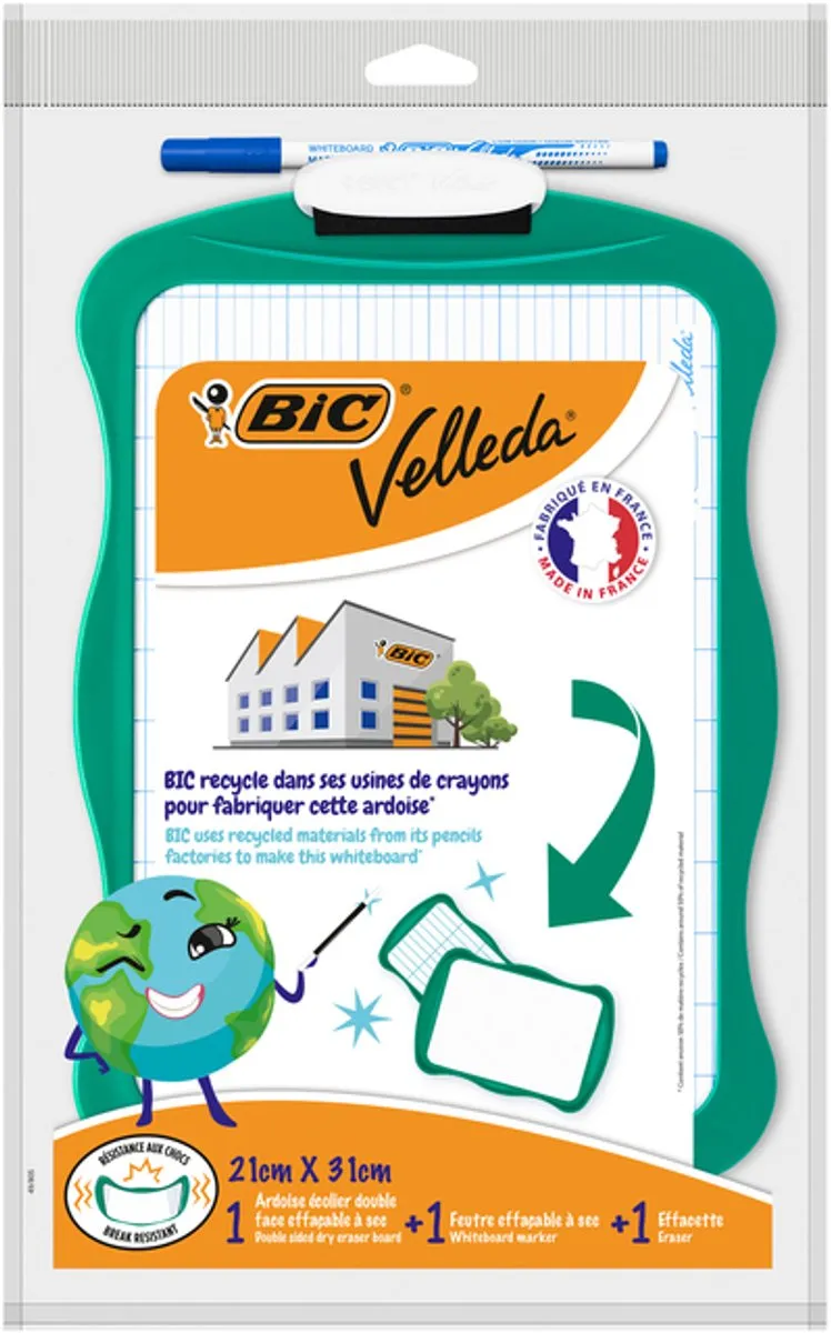 Whiteboard bic 21x31cm met stift en wisser recycle | 24 stuks