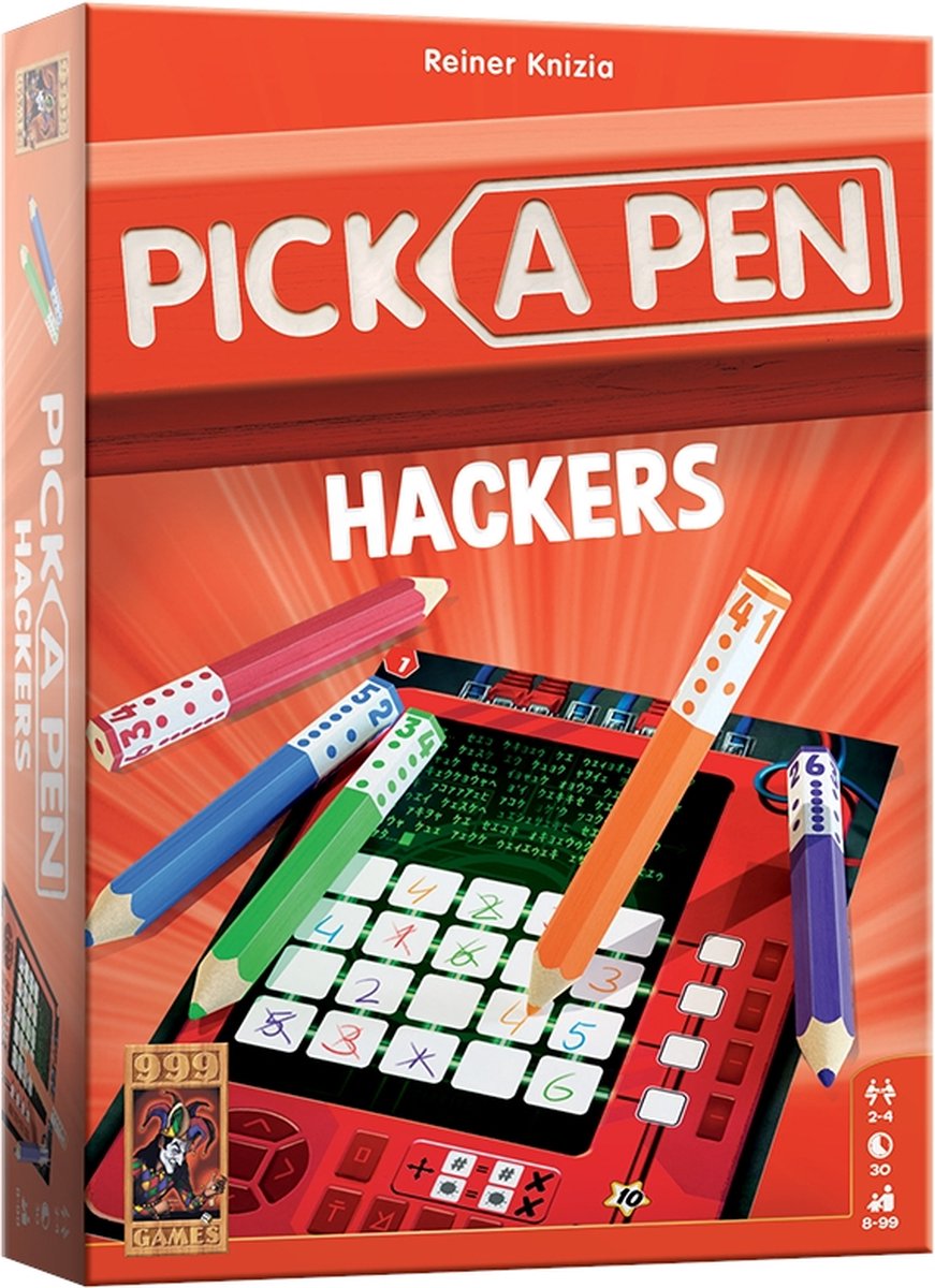 999 Games - Pick a Pen: Hackers - Dobbelen met potloden - Mix van puzzelen en tactiek - Nieuwste aanvulling in de Pick a Pen reeks - Gezelschapsspel - Familiespel - Klein cadeautje - bevat spelregels in NL en EN