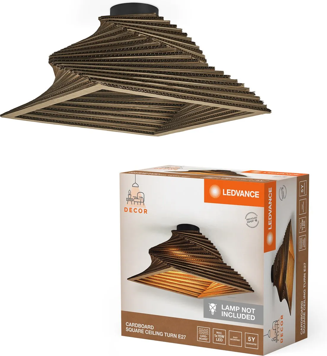 LEDVANCE Decor Cardboard Square Turn Plafondlamp - Bruin - E27 - 400mm