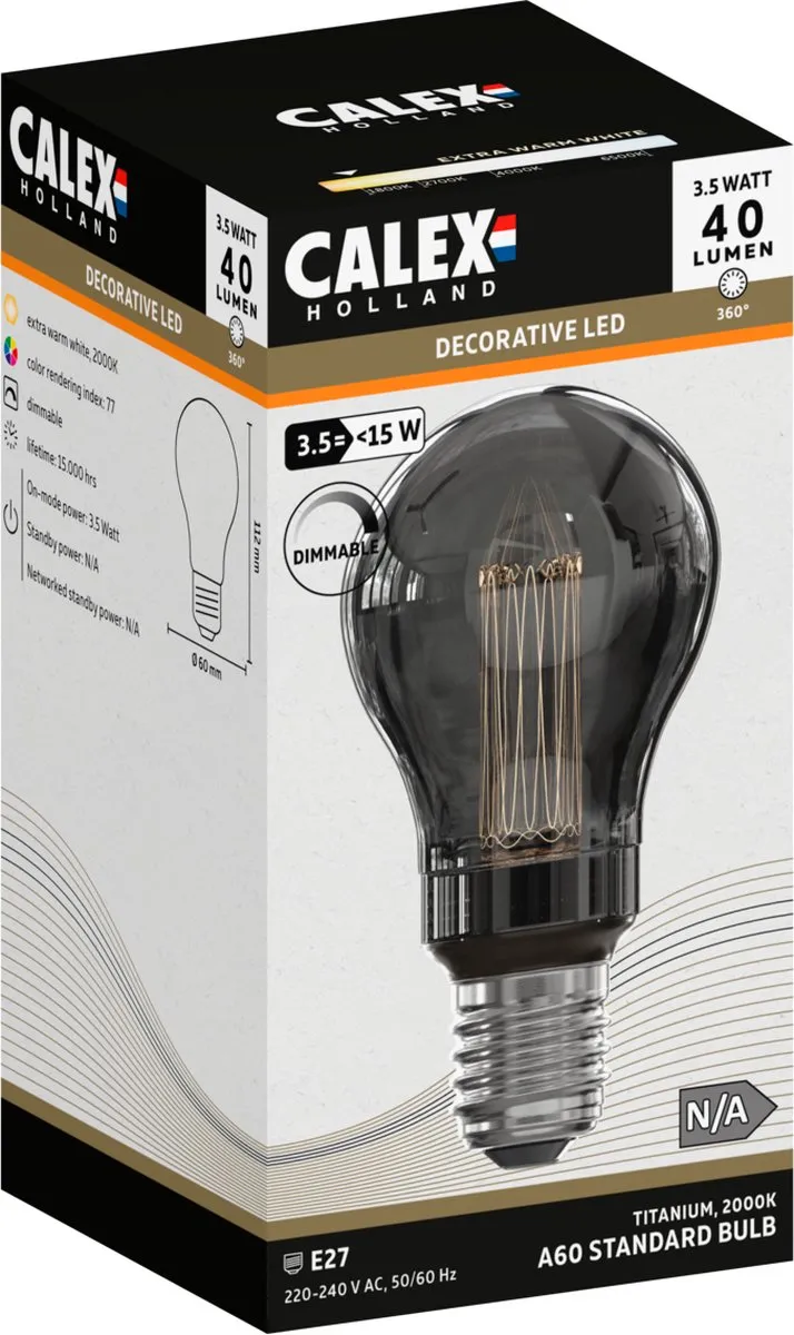 Calex Crown Series LED Lamp E27 A60 3.5W - Rookglas - 2000K