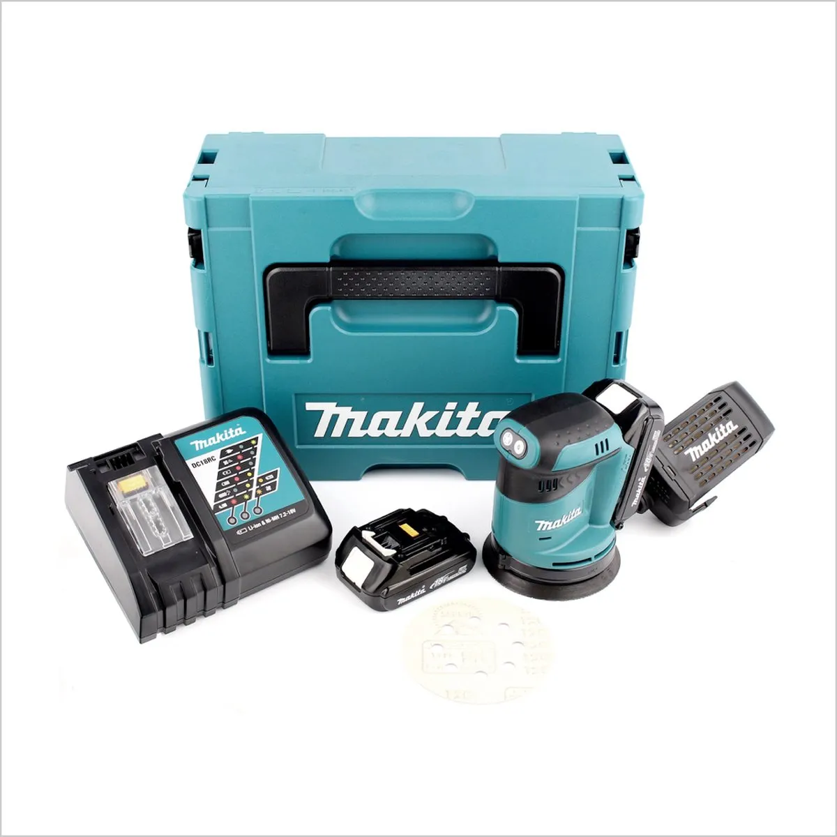 Makita DBO 180 RYJ Excentrische Schuurmachine - 125mm - 2x 1,5Ah + Lader + Makpac - afbeelding 2 van 5