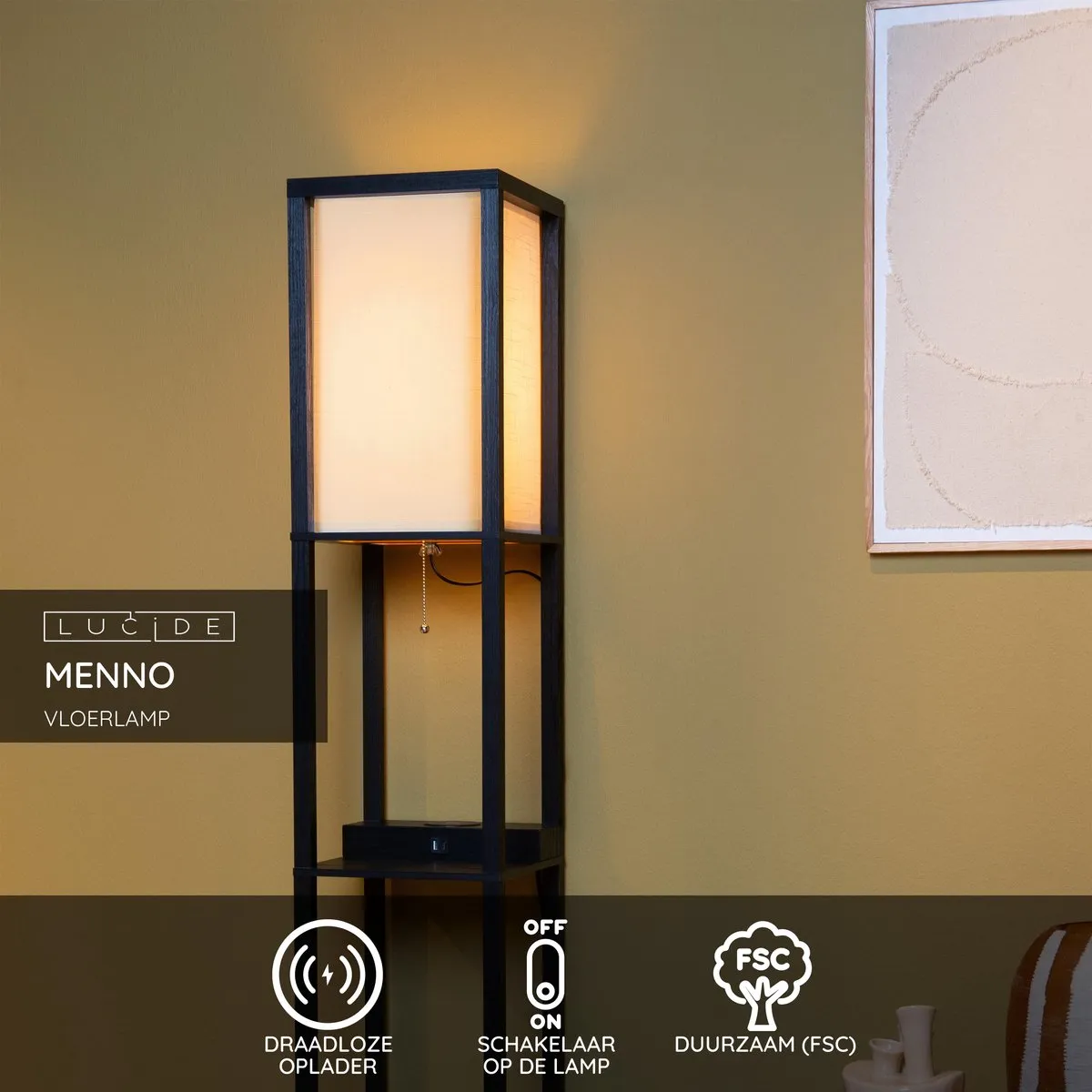 Lucide MENNO Vloerlamp - Draadloze oplader - 60W - Zwart