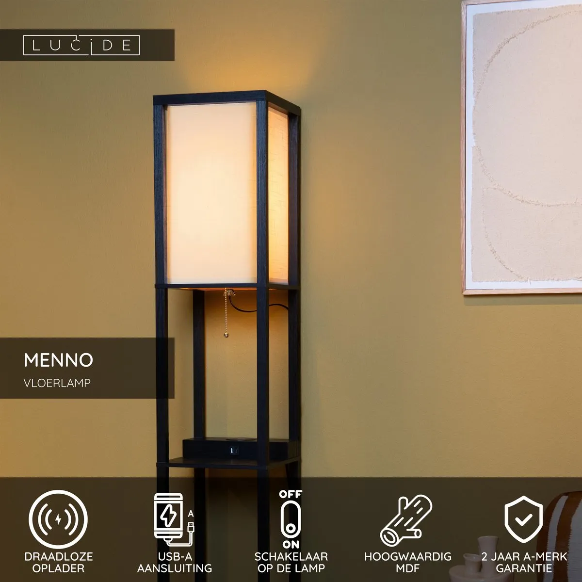 Lucide MENNO Vloerlamp - Draadloze oplader - 60W - Zwart