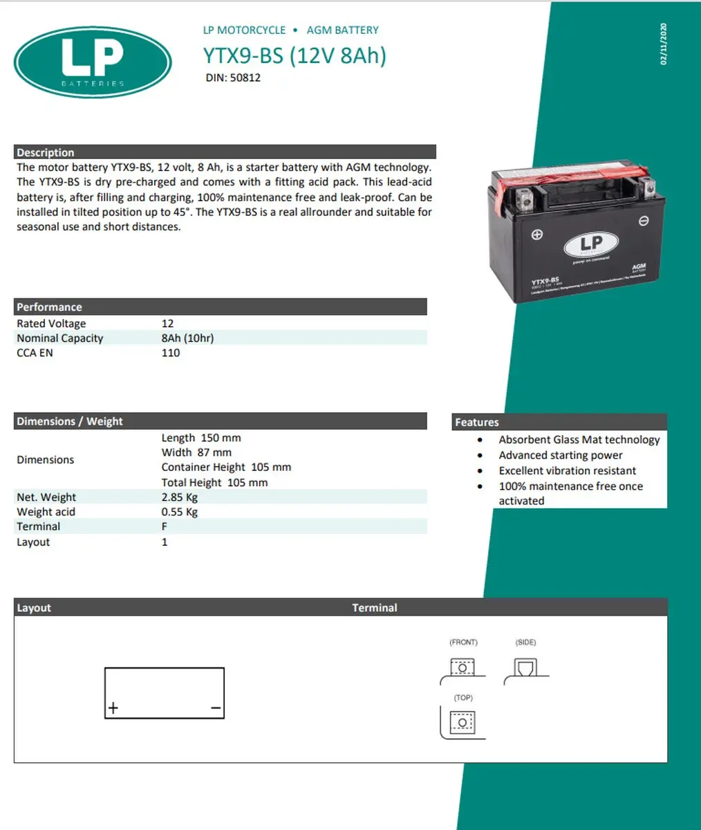 Landport Motor AGM Accu 12V 8Ah YTX9-BS